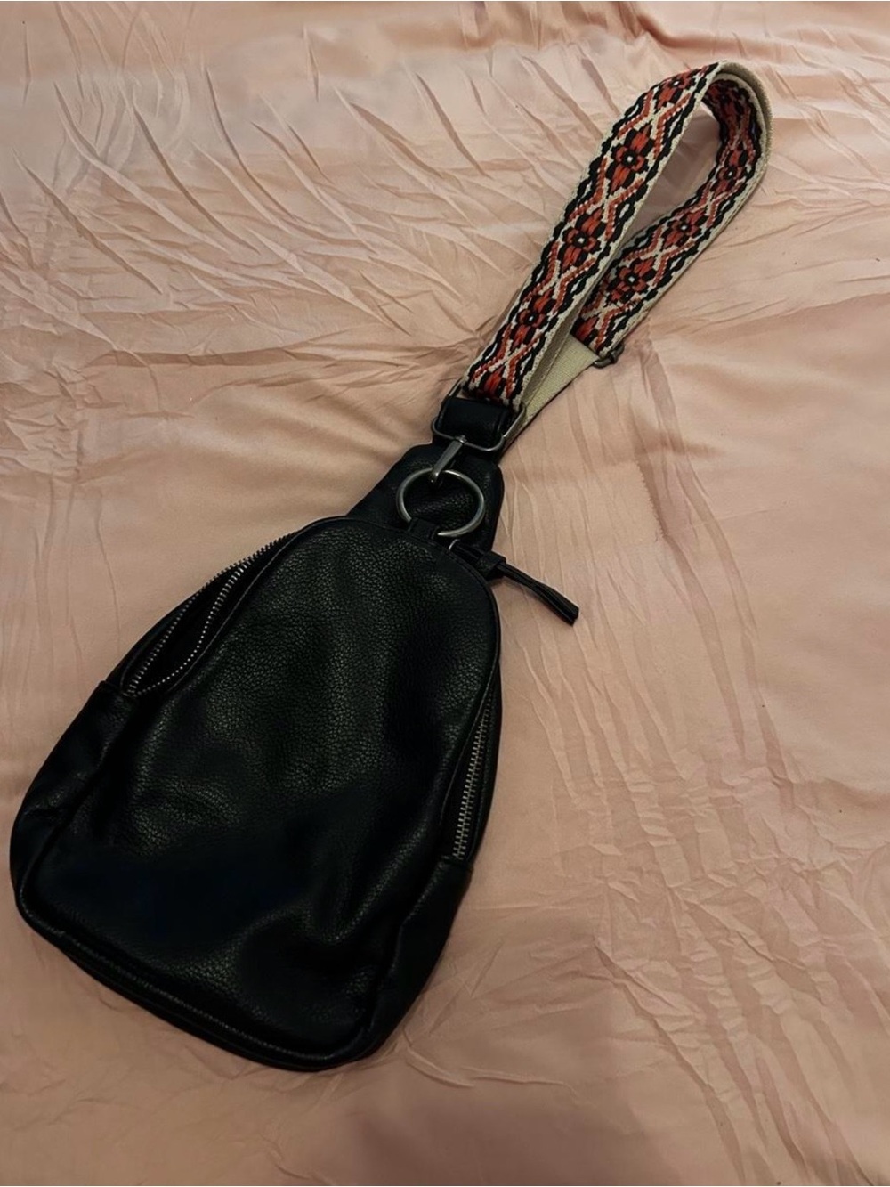 Black Women's Leather Crossbody Sling Bag with Aztec Design Strap